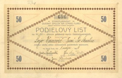 Staroturanský úverný spolok, Stará Turá - podielový list, 1926